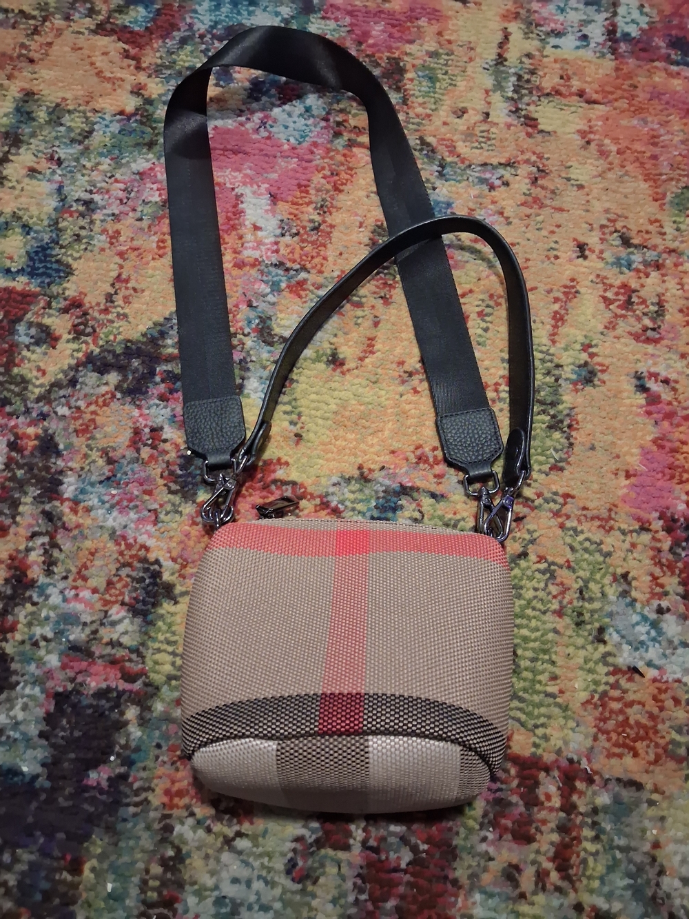 Small Beige Plaid Crossbody Bag with Red Accent